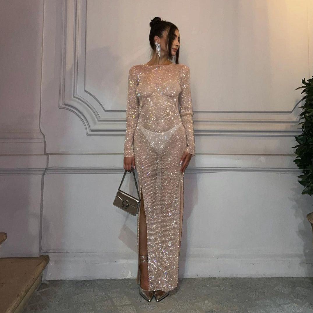 Diamond Dusk Beige Rhinestone Maxi Dress