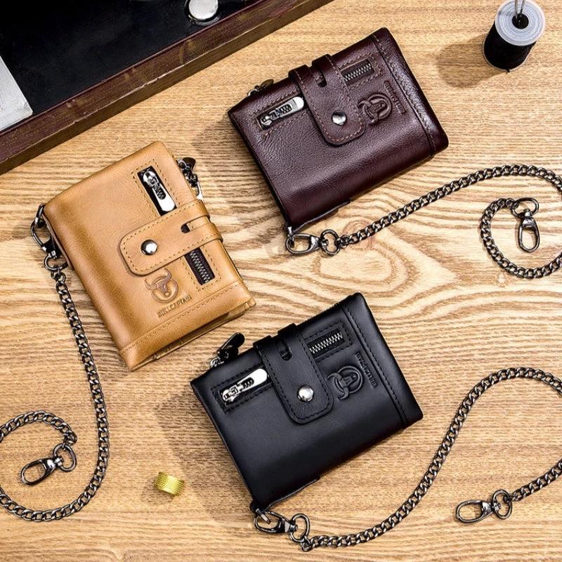 Men's Retro Genuine Leather Wallet Compact Bifold With Dual Zippers