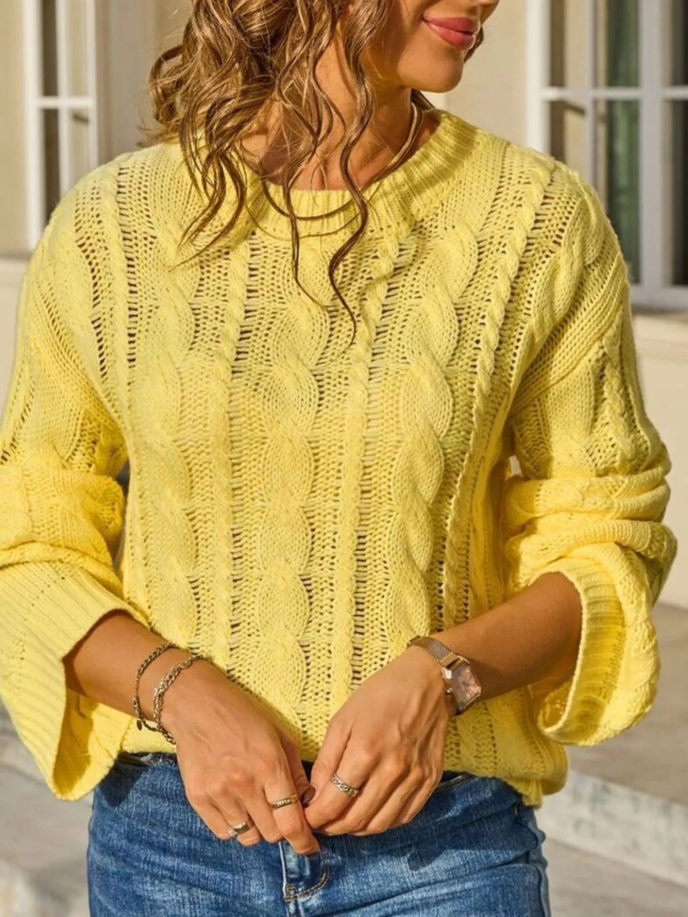 Women's White Cable Knit Long Sleeve Openwork Sweater