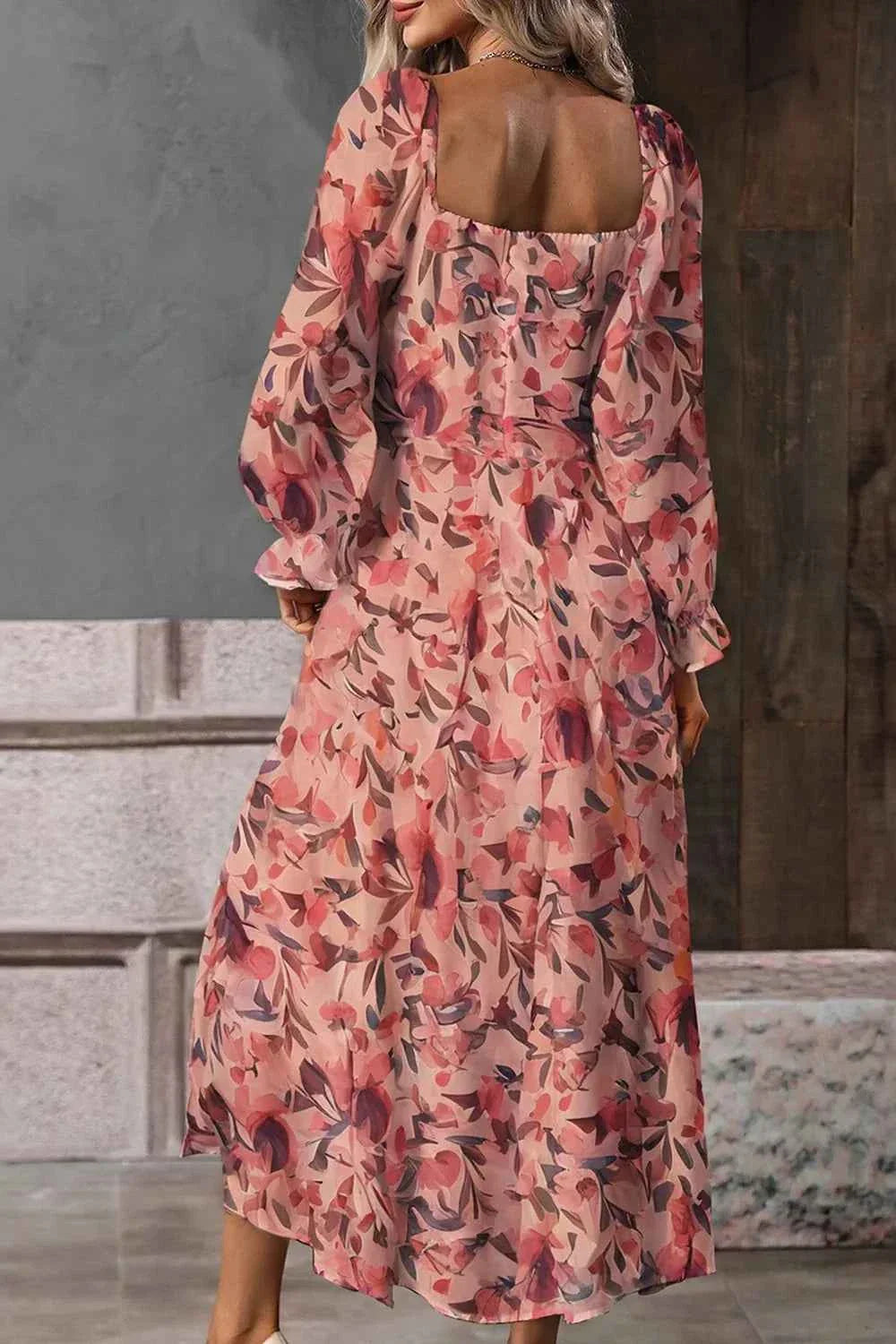 Floral Print Flounce Sleeve Midi Dress