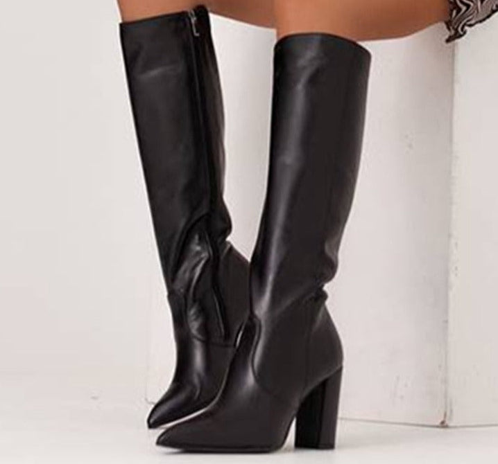 Women's Thigh High Boots – Pointed Toe Chunky Heel Side Zip | Brown & Black | Sizes 34–43