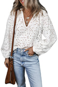 White Eyelet Puff Sleeve Blouse with V Neck