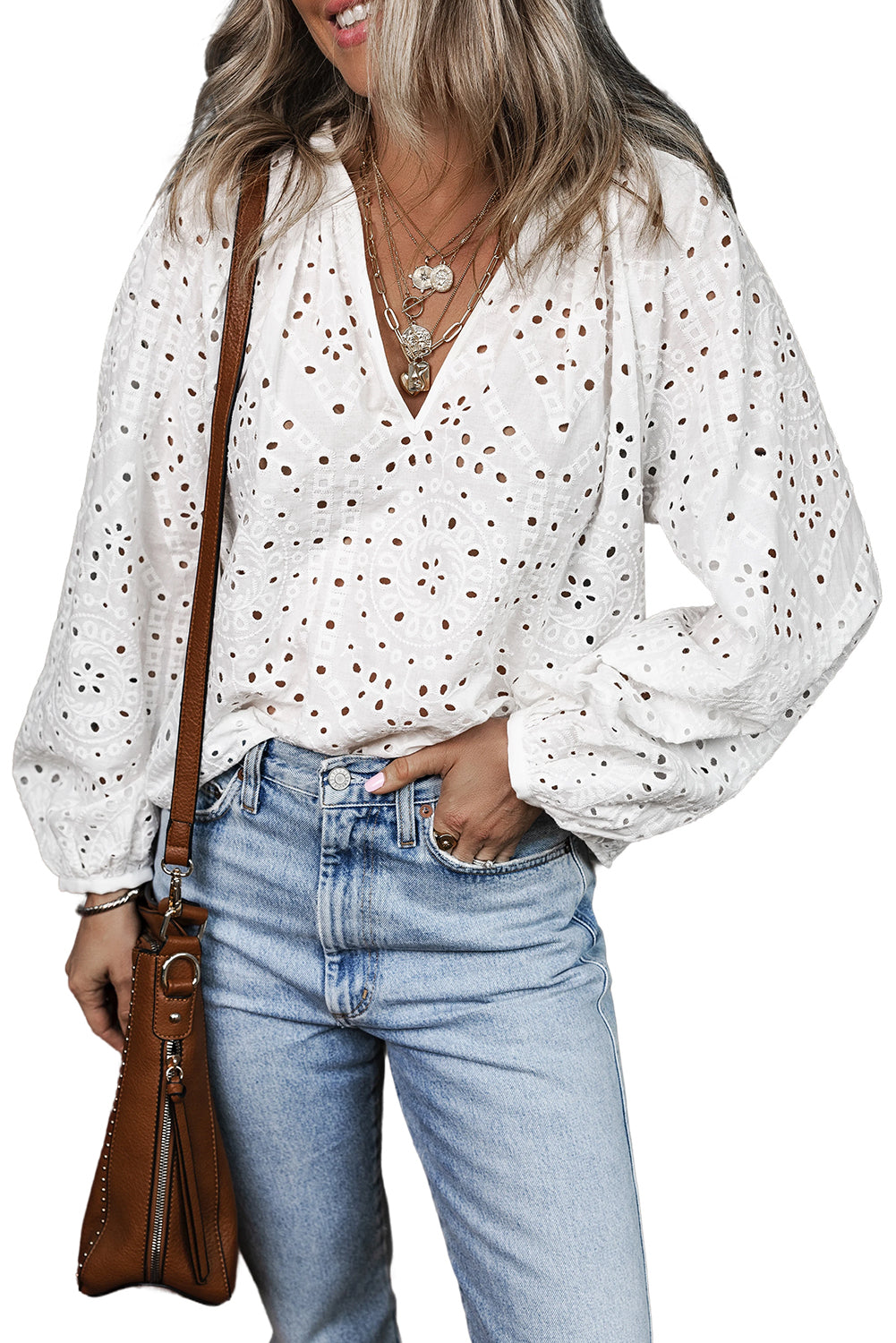 White Eyelet Puff Sleeve Blouse with V Neck