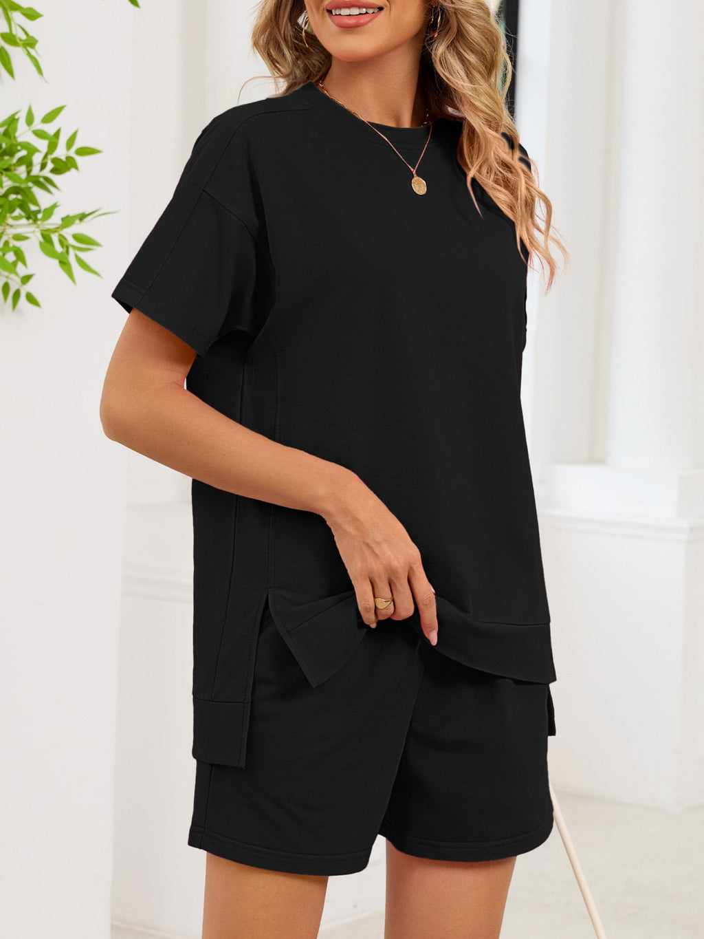 Women's Round Neck Short Sleeve T-Shirt and Shorts Lounge Set