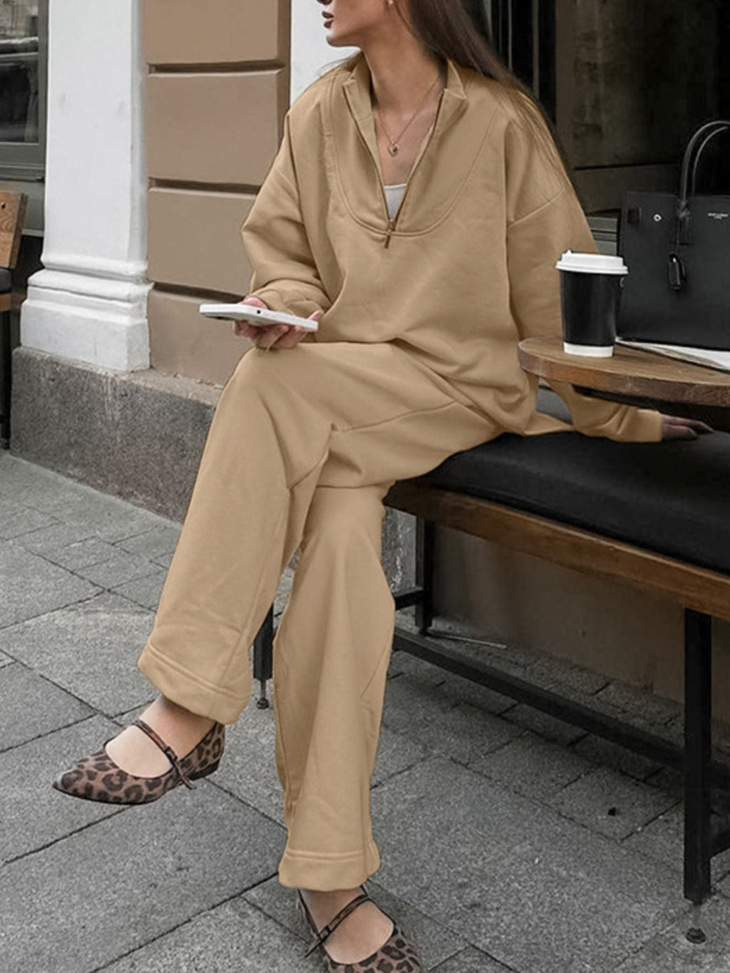 Women's Quarter Zip Long Sleeve Top & Wide Leg Pants Set Beige