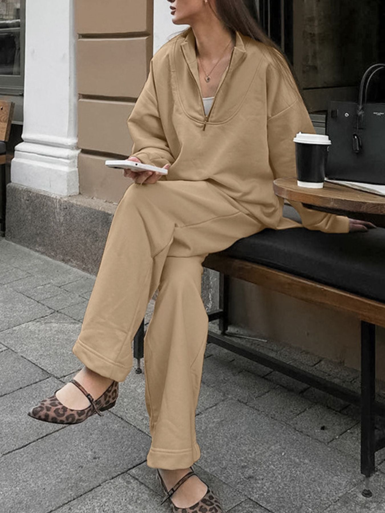 Women's Quarter Zip Long Sleeve Top & Wide Leg Pants Set Beige