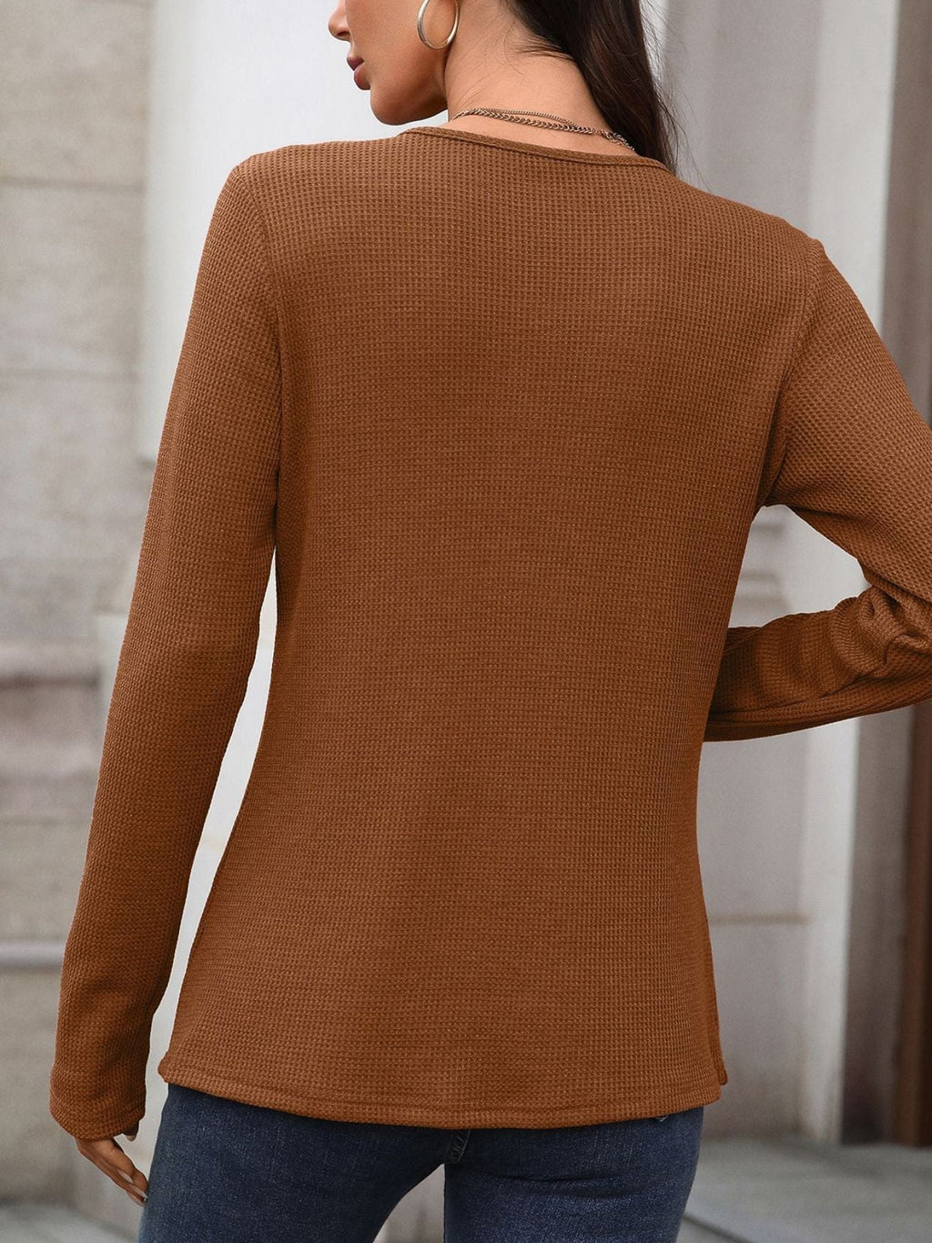 Women's Waffle Knit Buttoned Long Sleeve Henley T-Shirt