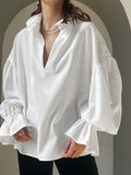 White Notched Flounce Sleeve Blouse
