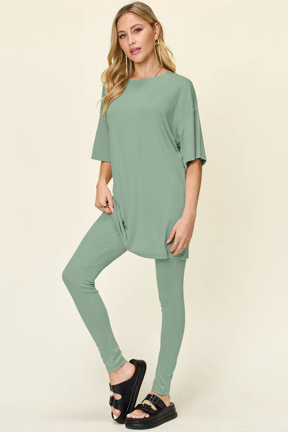 Women Two Piece T Shirt And Leggings Set With Dropped Shoulder Round Neck Full Size Comfortable Everyday Casual