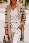 Black Stripe Cardigan with Side Pockets and Open Front