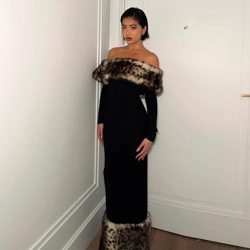 Atmospheric Leopard Print Fur Stitching Off-shoulder Dress