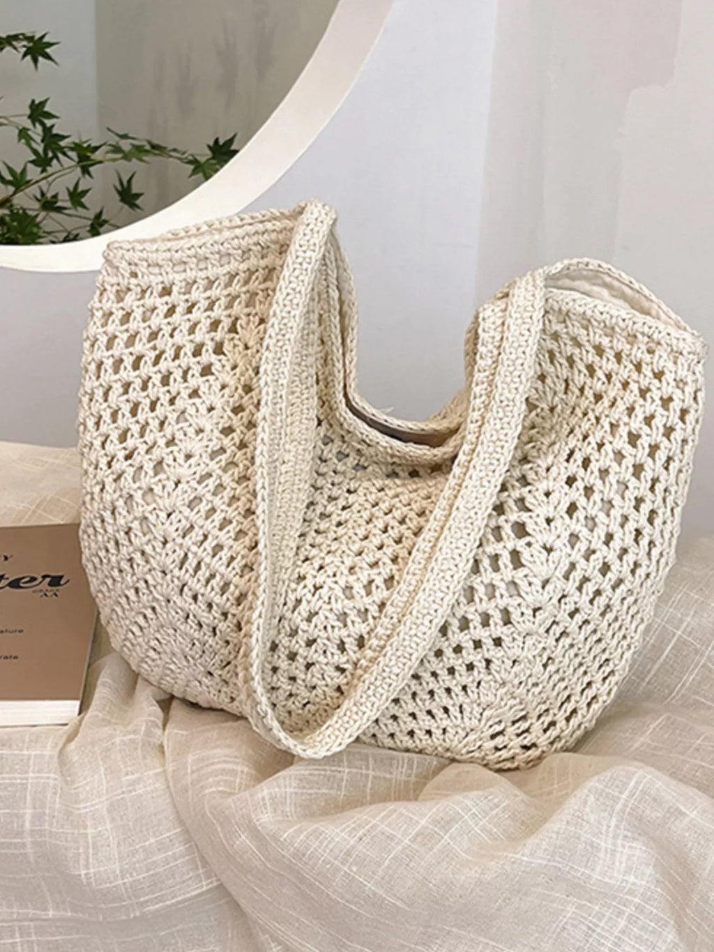 Large Woven Straw Shoulder Bag in Natural Beige