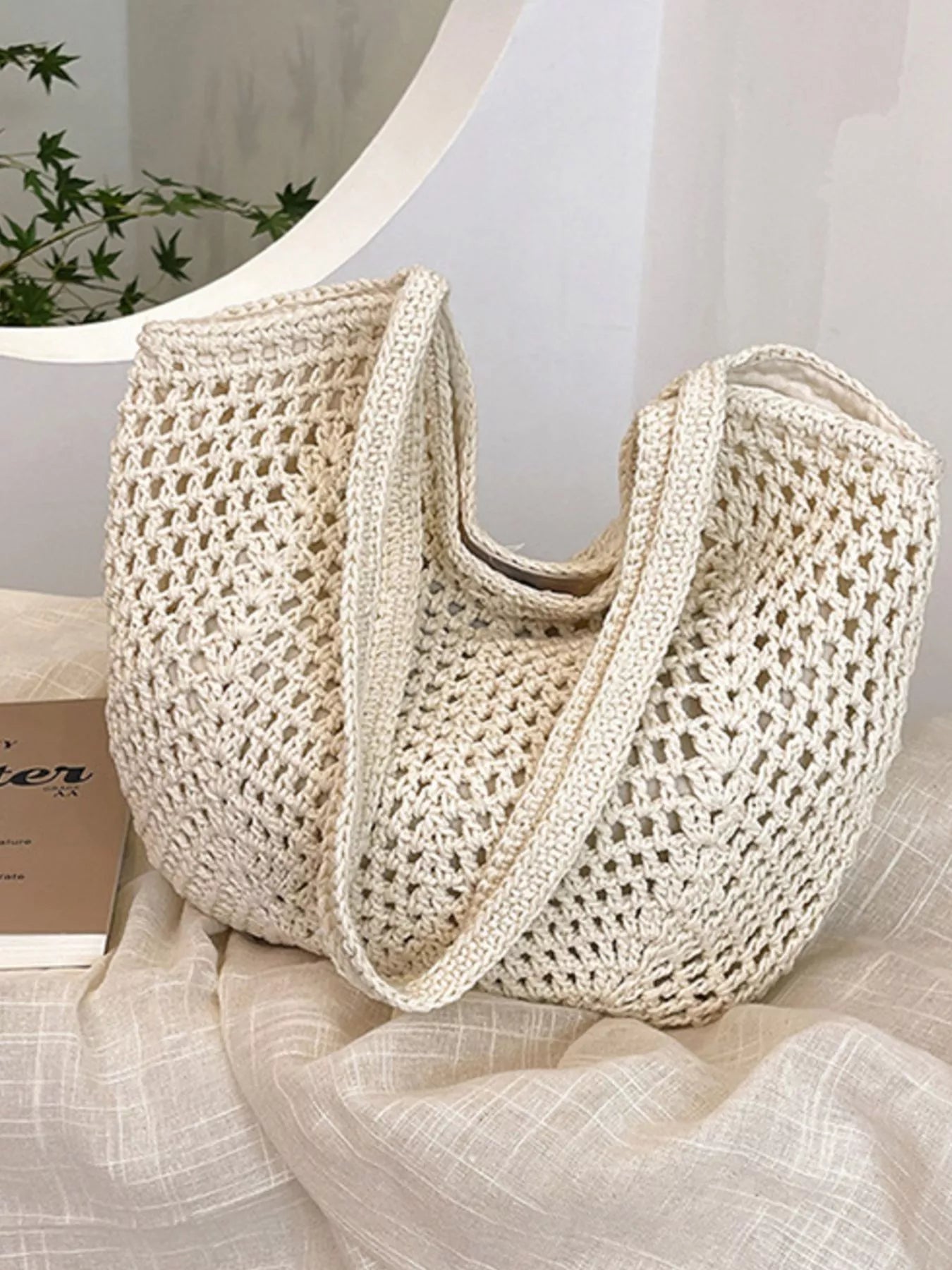 Large Woven Straw Shoulder Bag in Natural Beige