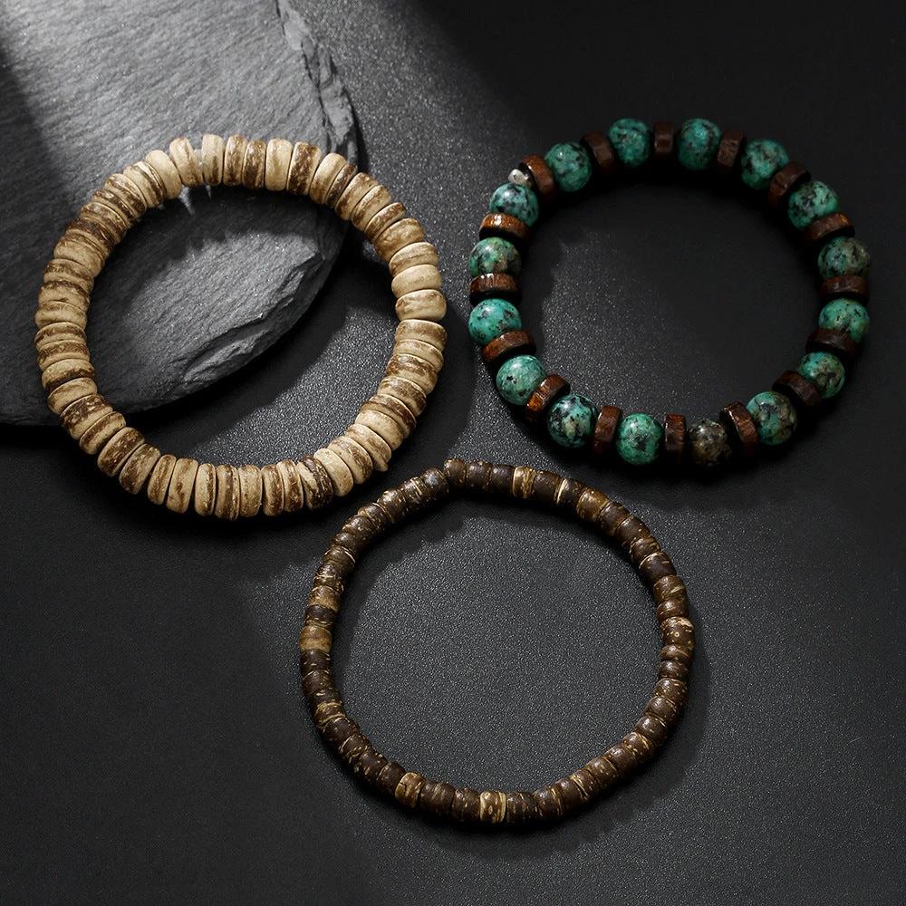 Retro Men's Coconut Wood Multi-Layer Stackable Bracelet Set