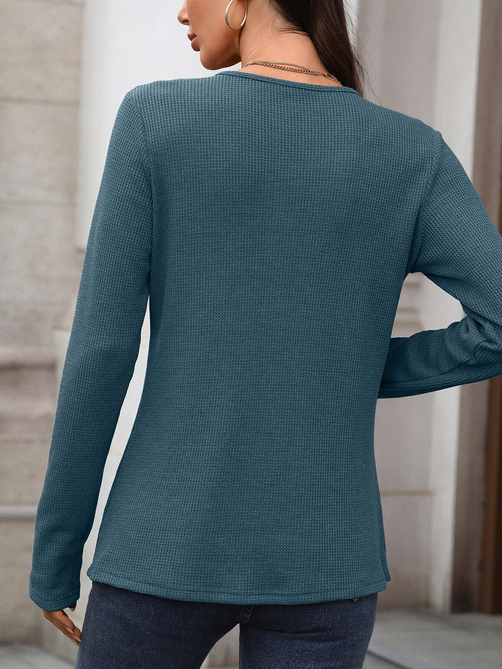 Women's Waffle Knit Buttoned Long Sleeve Henley T-Shirt