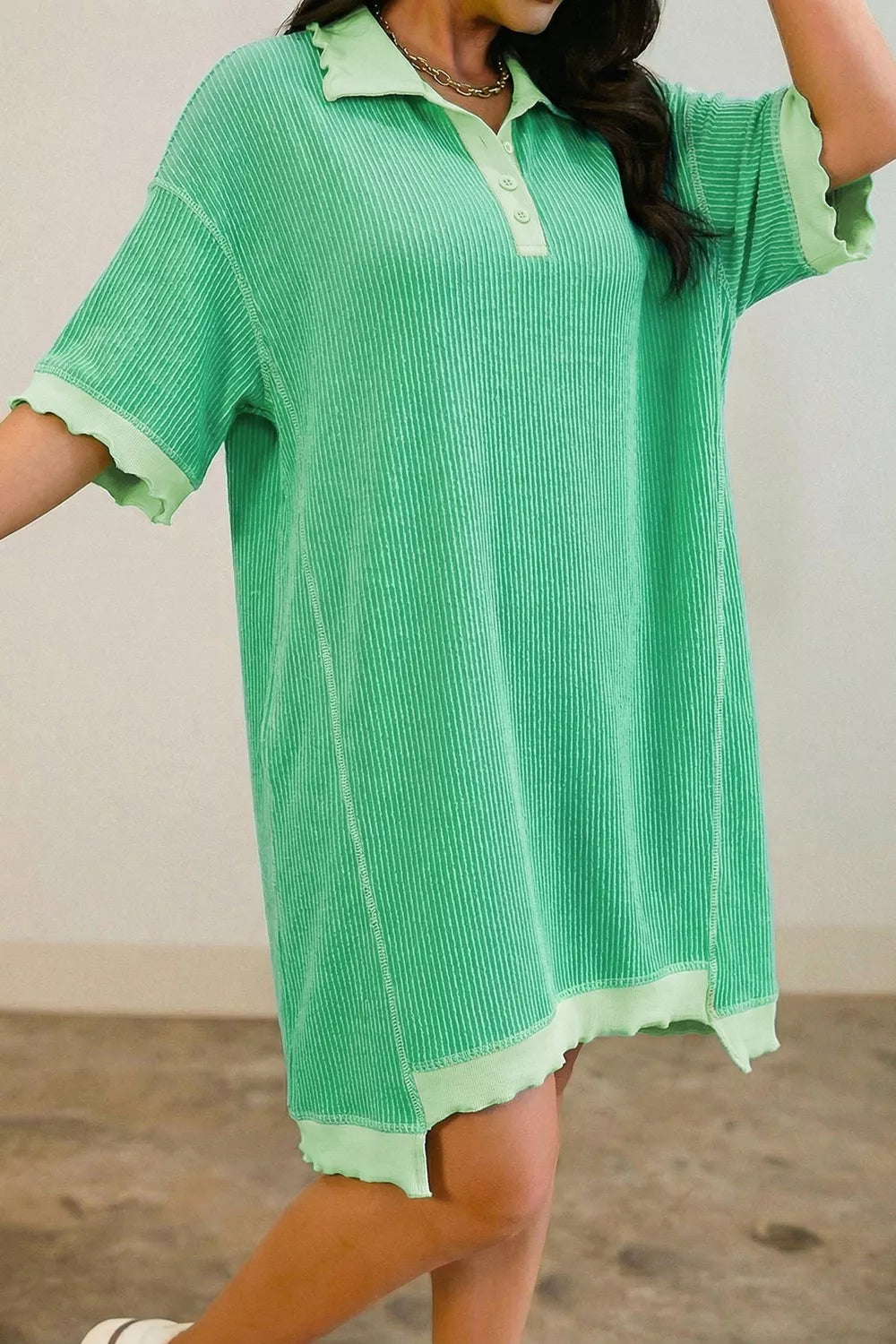 Green Ribbed Polo Collar Half Sleeve Mini Dress
