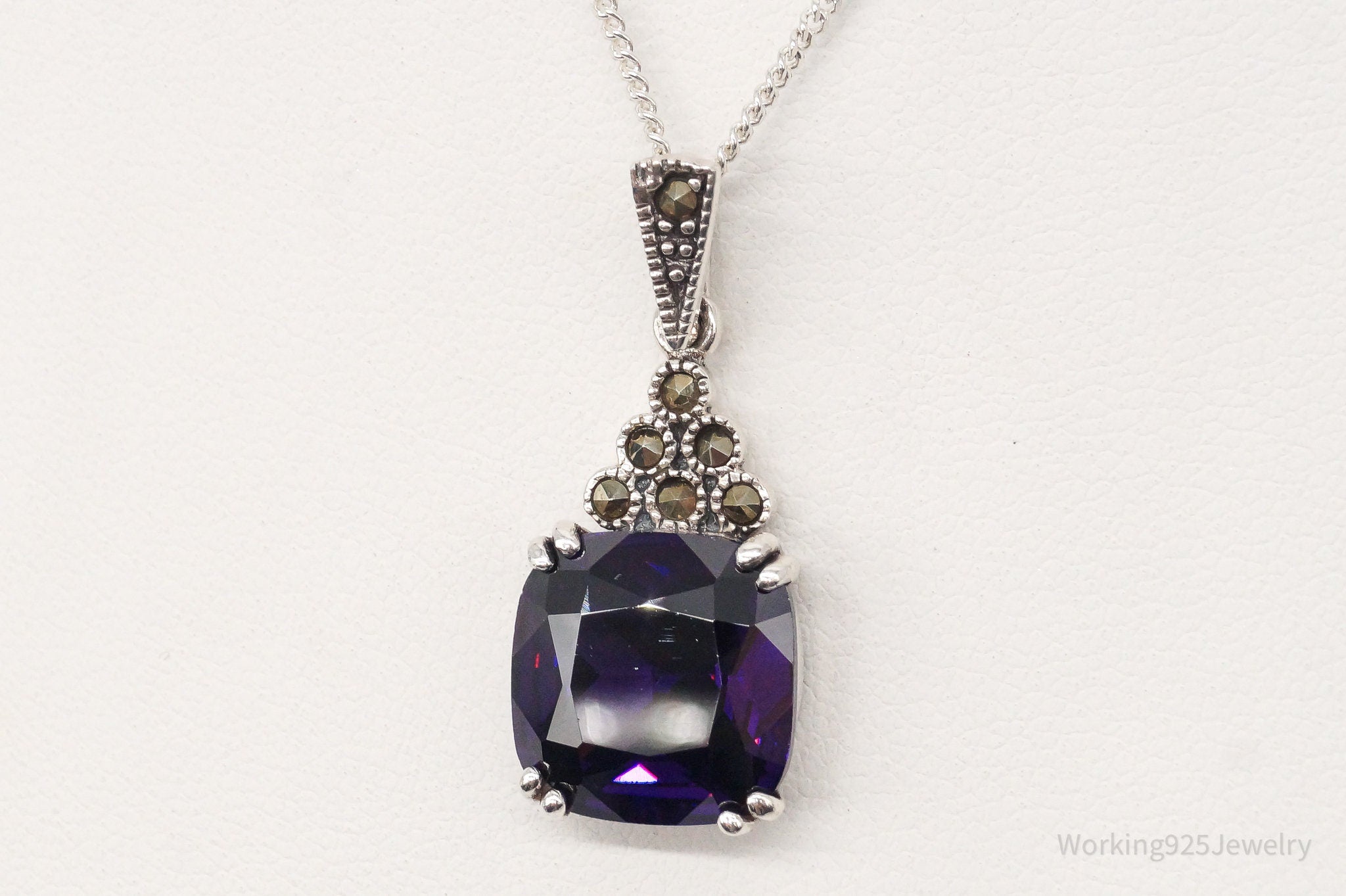 Vintage Purple Cubic Zirconia Marcasite Sterling Silver Necklace