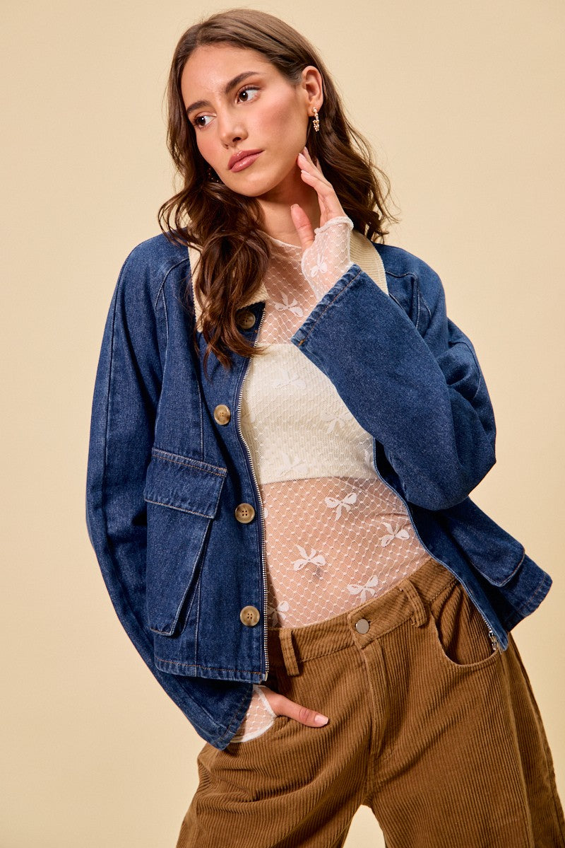Zip Up and Buttoned Denim Jacket - Stylish Casual Outerwear