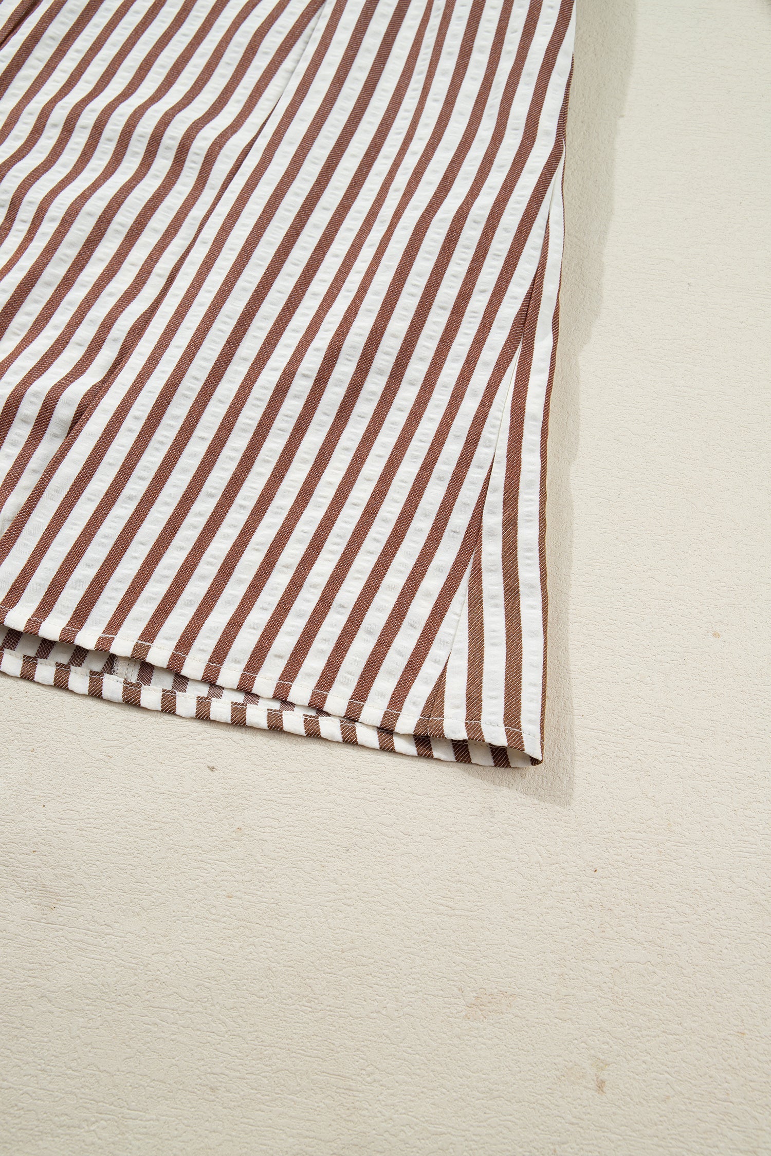 Brown Stripe Knot Waist Puff Sleeve Button Down Mini Shirt Dress