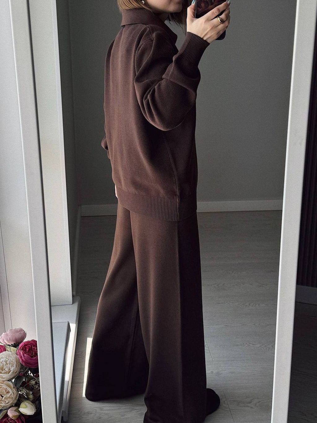 Women's Knit Polo Top and Wide Leg Pants Two-Piece Set