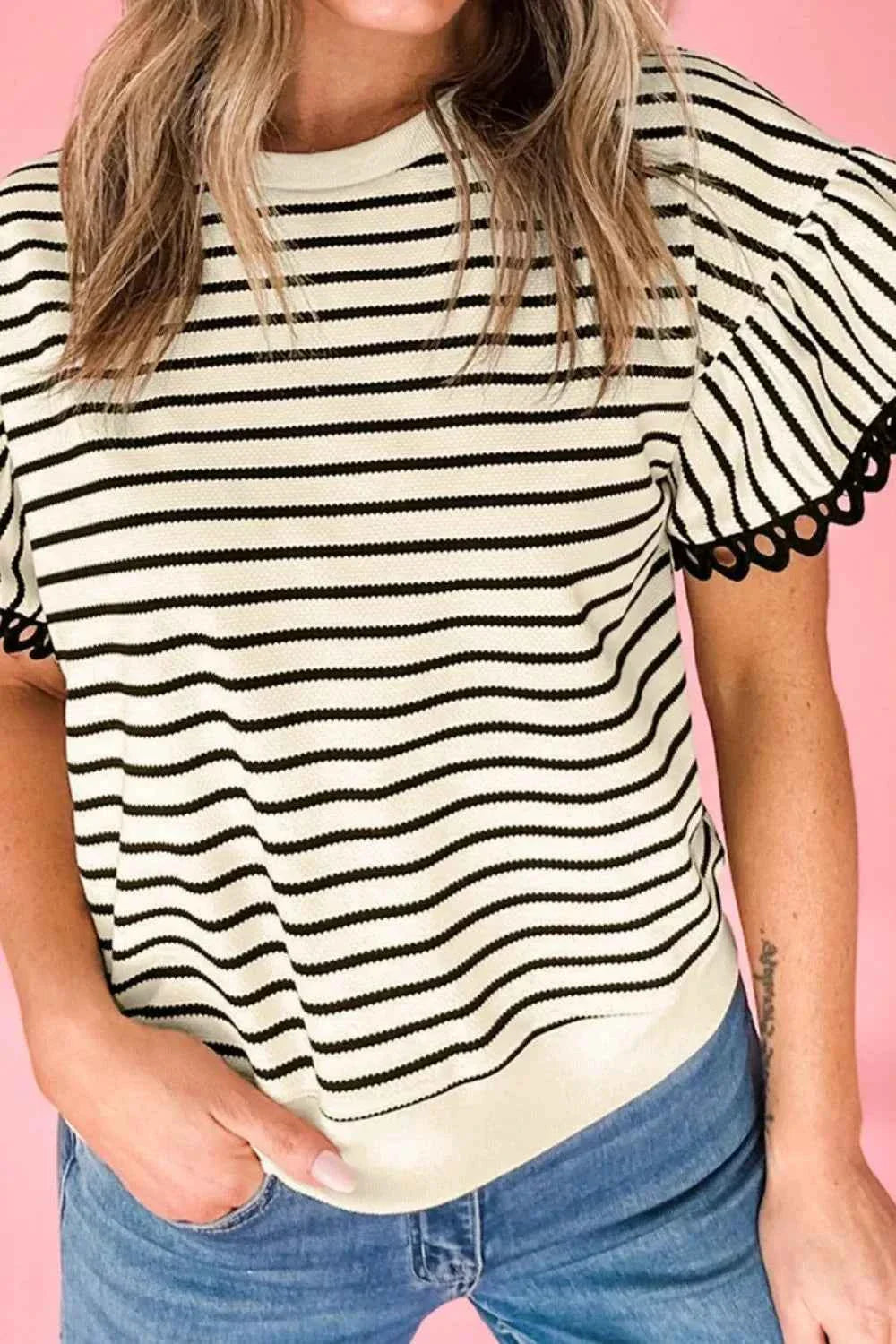 Striped Ruffle Sleeve Round Neck Blouse
