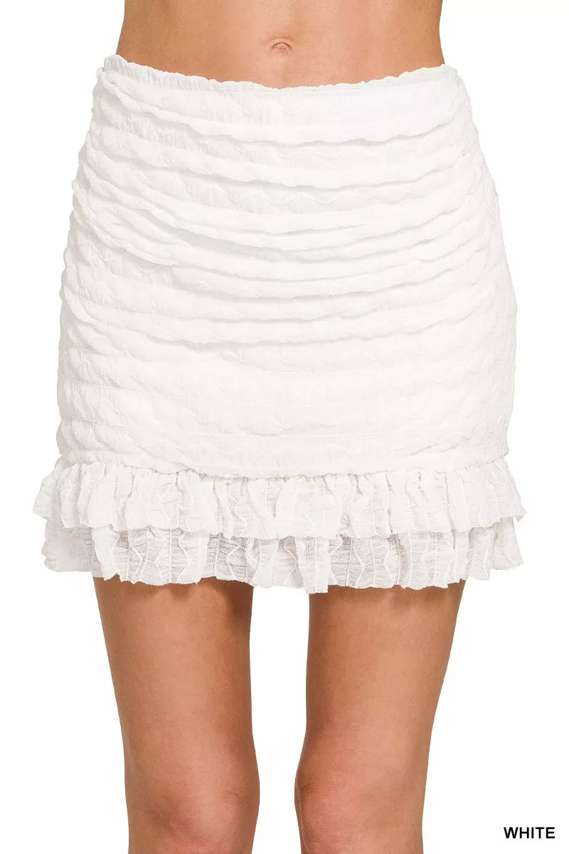 White Ruched Mini Skirt with Built-in Shorts