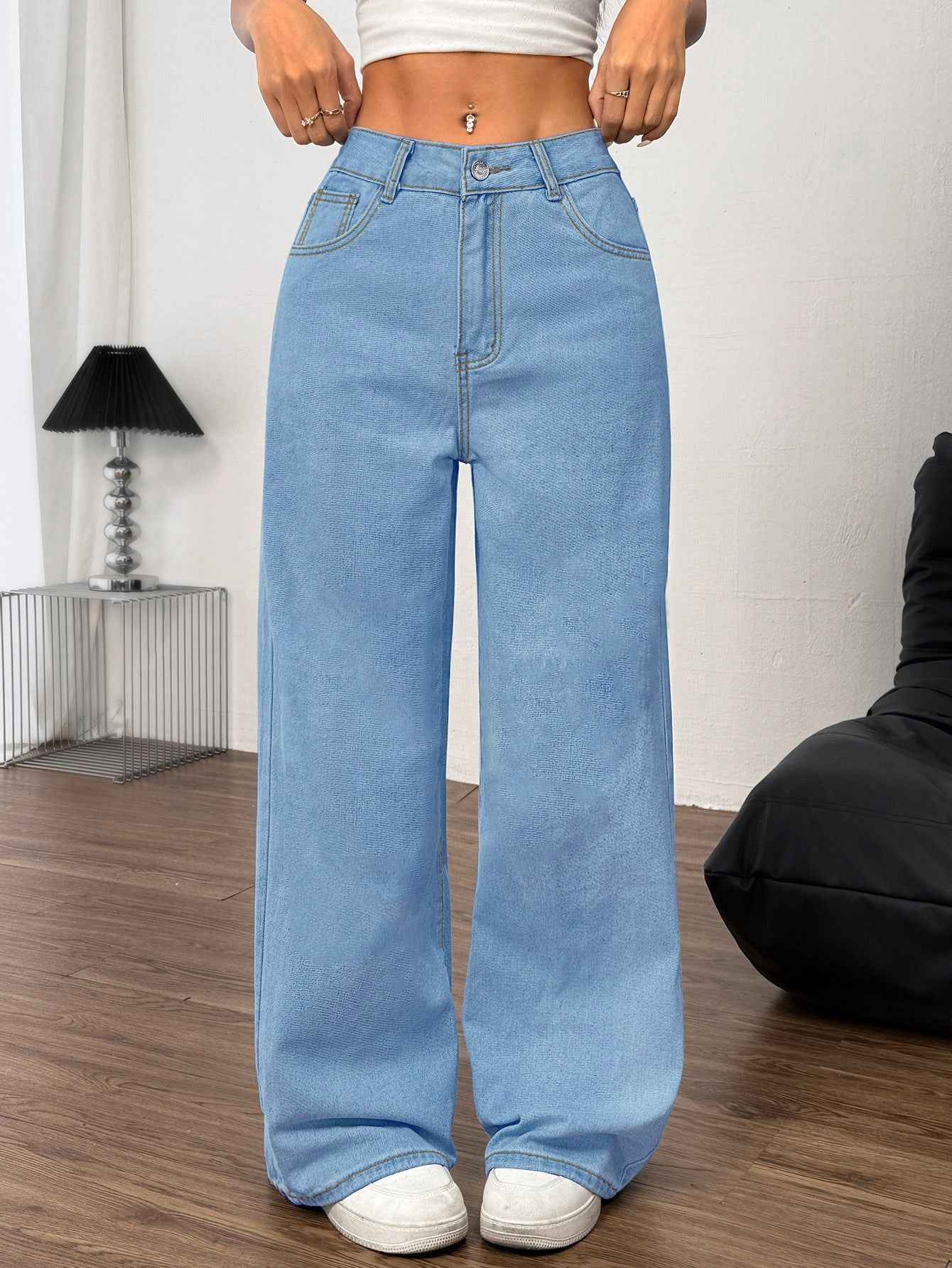 Embroidered Wide Leg Jeans with Bow Back