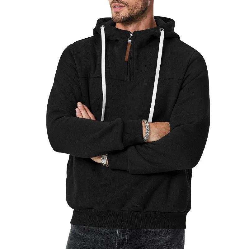 Men's Heavy Fleece-lined Half-zip Sporty Casual Hooded Sweatshirt