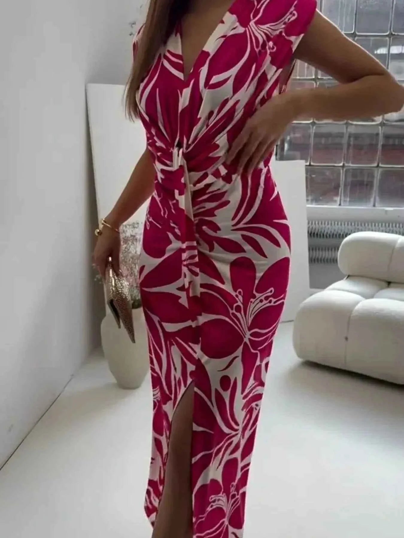 Full Size Slit Printed V-Neck Midi Dress for Plus Size Women - Stylish Plus Size Midi Dress