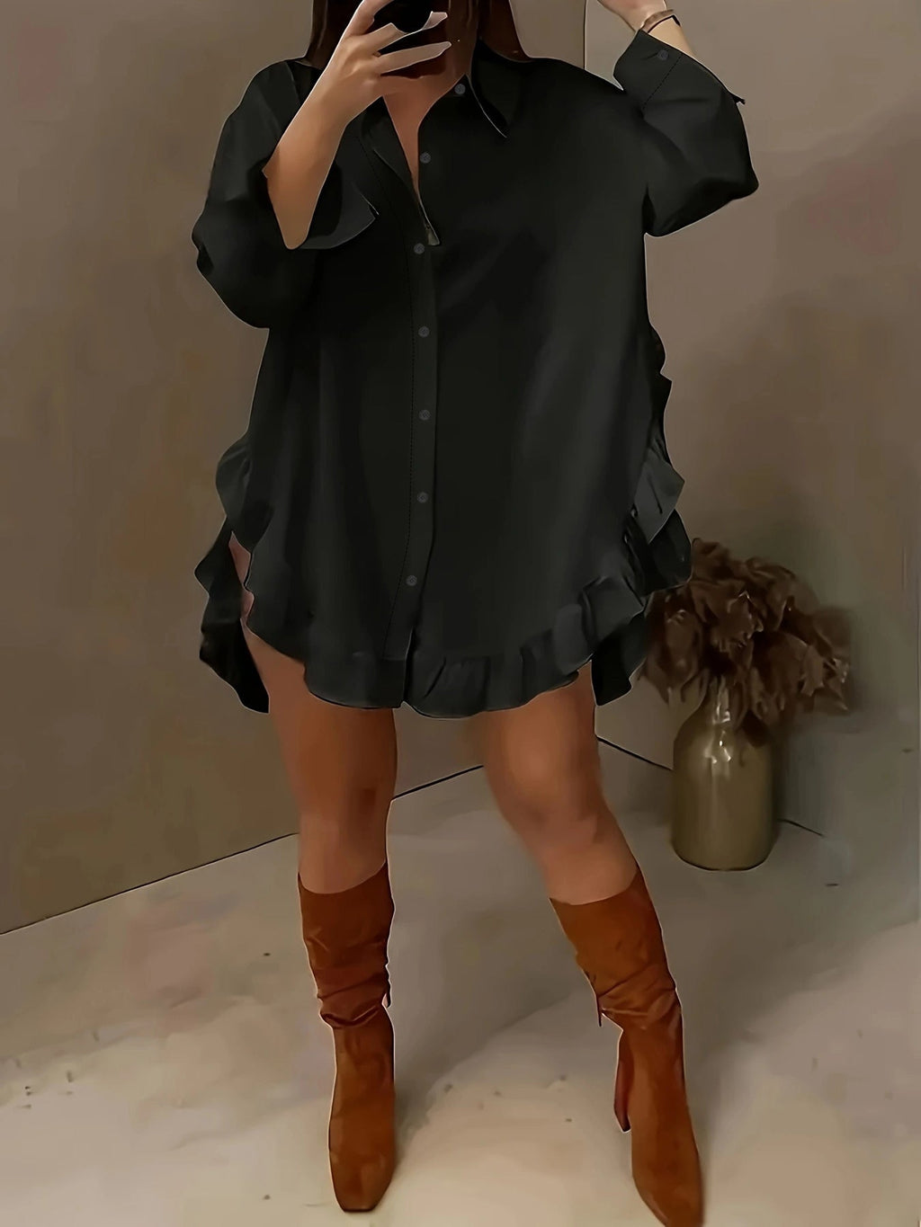 Hem Ruffled Casual Long Sleeve Shirt See size chart under “more details”