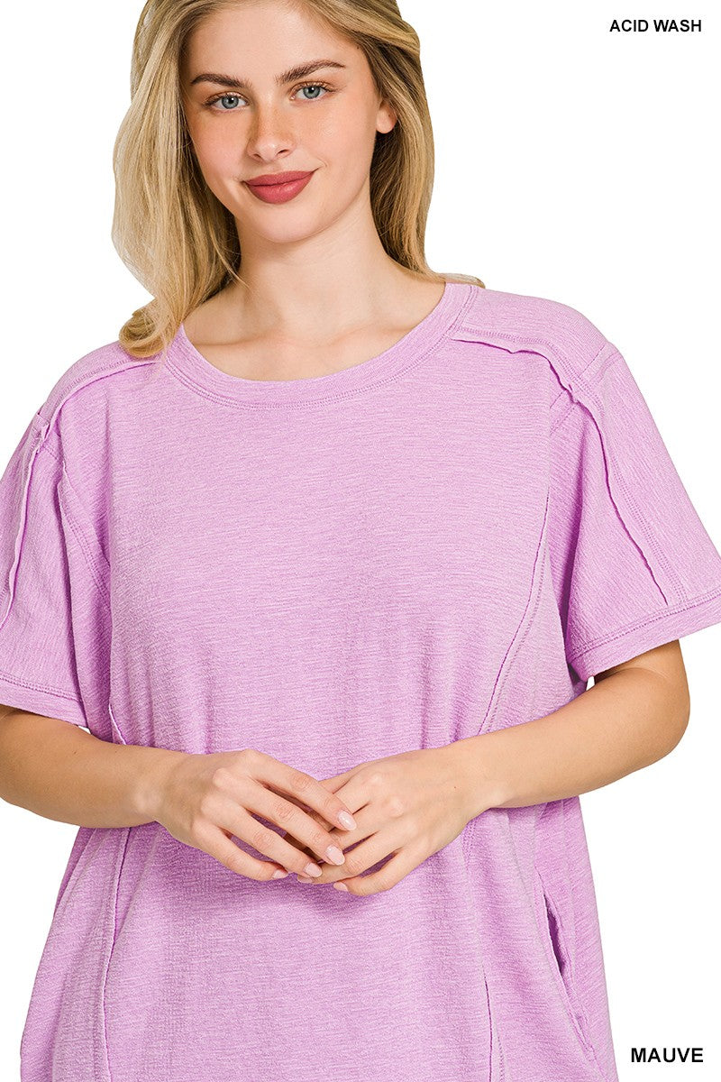 Zenana Washed Slub Mini Dress with Pockets - Mauve