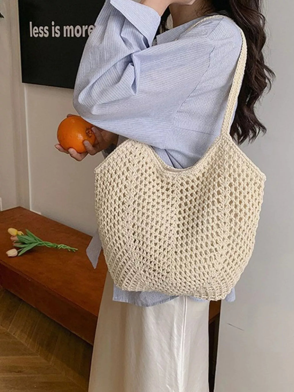 Large Woven Straw Shoulder Bag in Natural Beige