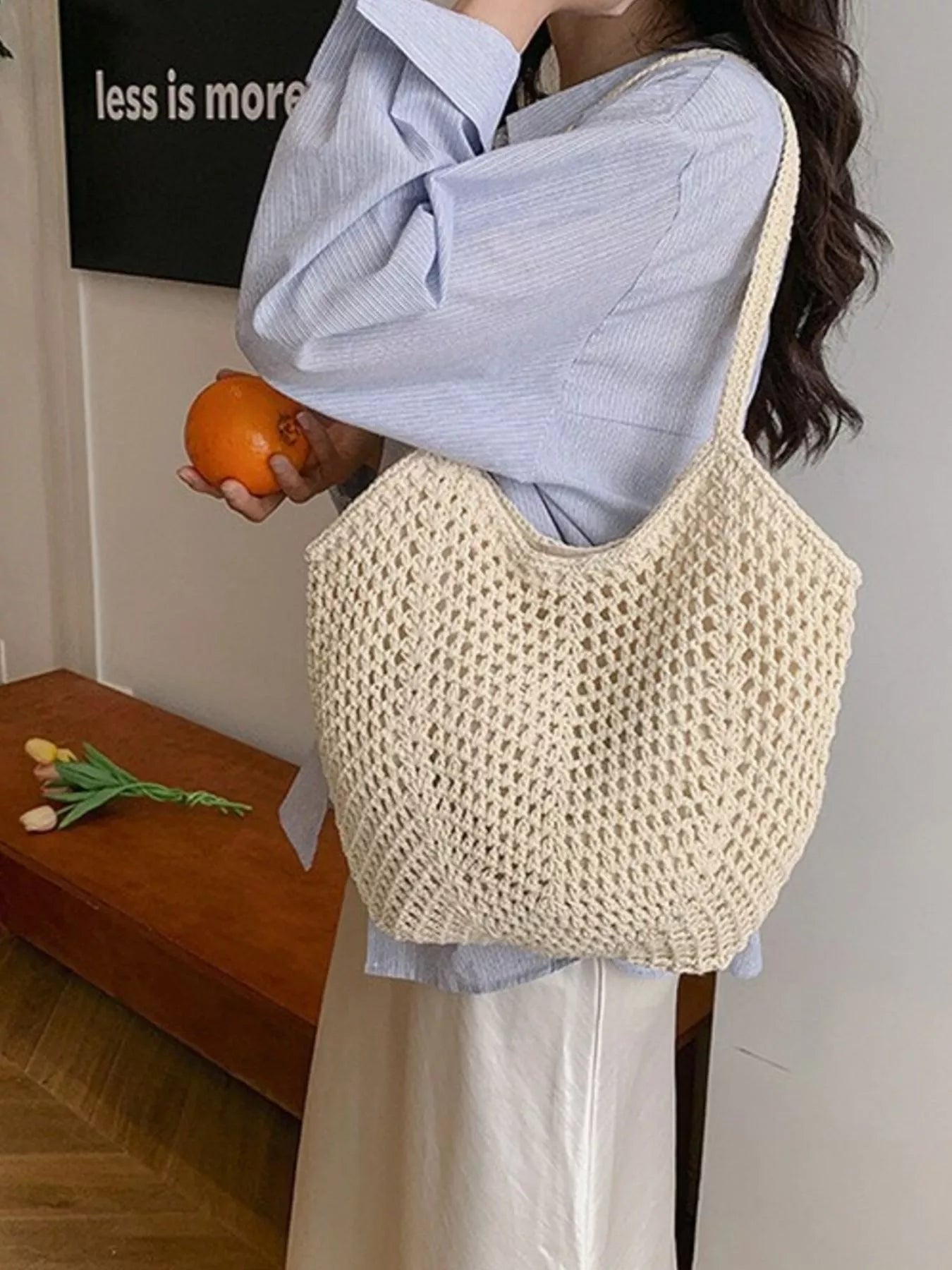 Large Woven Straw Shoulder Bag in Natural Beige