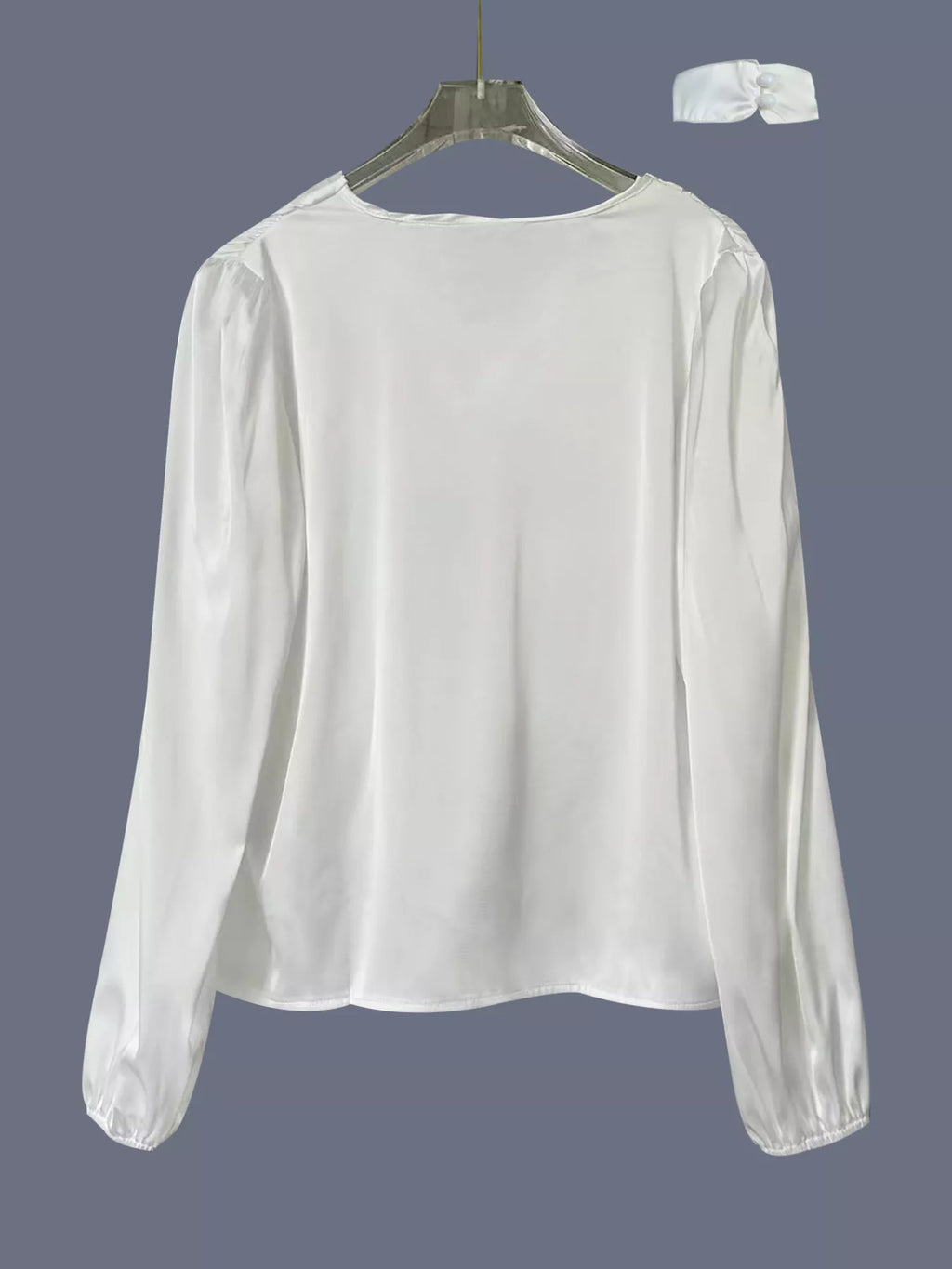 White Long Sleeve V-Neck Blouse with Ruched Front Detail