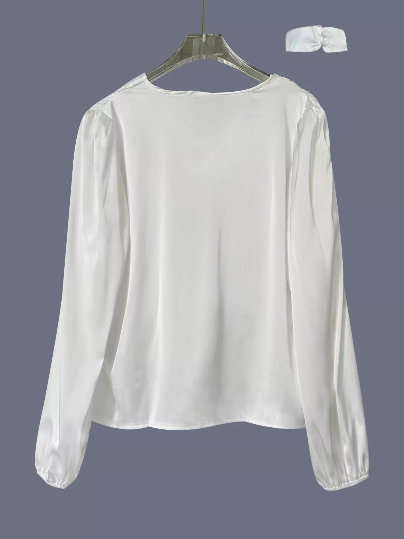 White Long Sleeve V-Neck Blouse with Ruched Front Detail