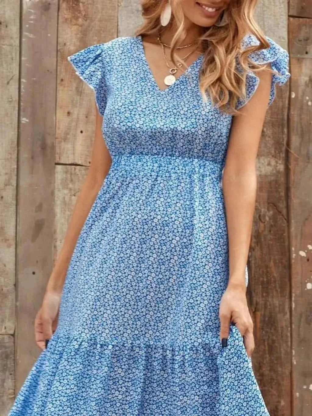 Printed V-Neck Maxi Dress with Ruffle Sleeves