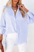 Sky Blue Smocked Cuffed Striped Boyfriend Women's Blouse with Pocket