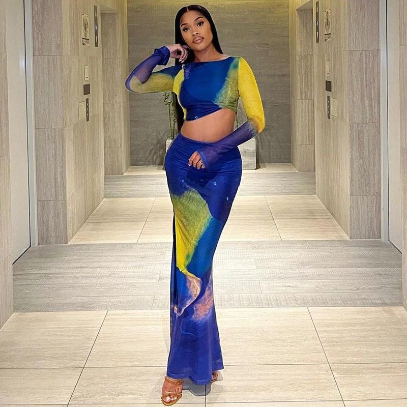 Printed Long Bell Sleeve top and long Skirt Set