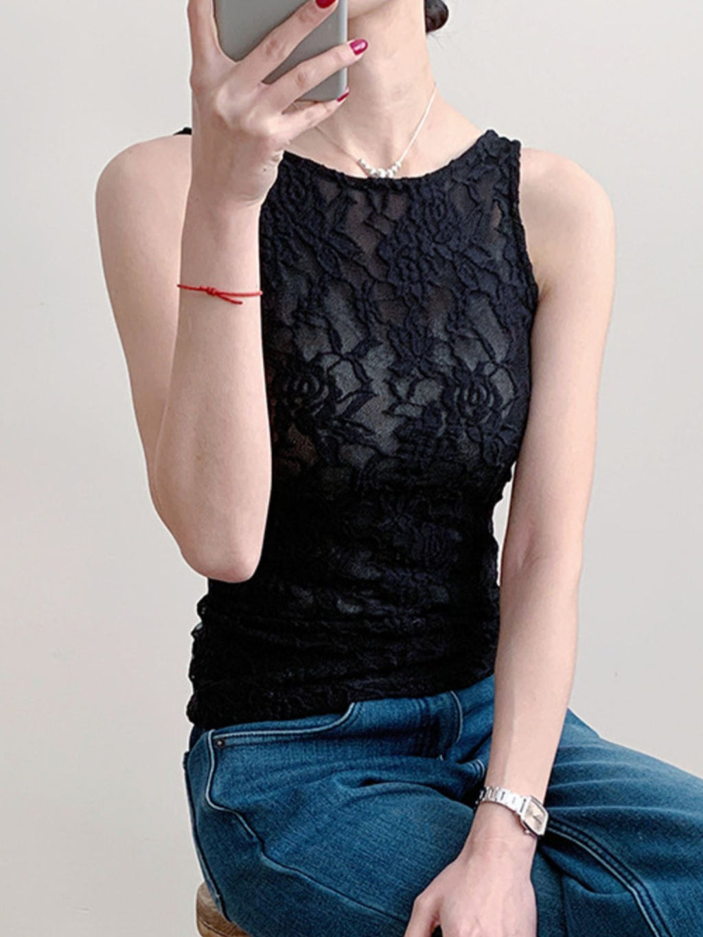 Women's Sheer Floral Lace Round Neck Tank Top in Ivory