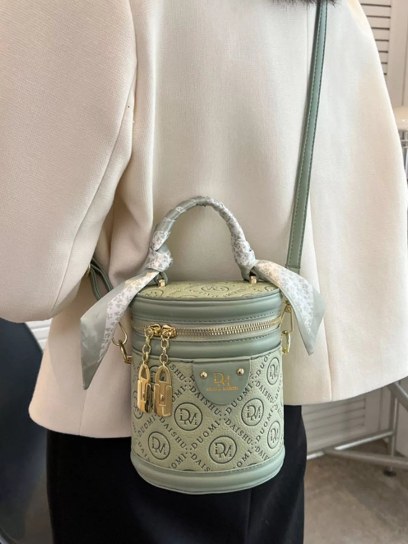 Sage Green Small Bucket Bag with Crossbody Strap and Silk Scarf
