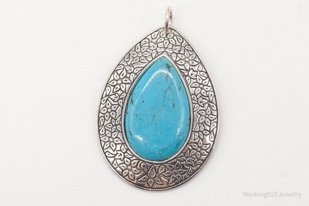 Vintage Large Turquoise Floral Etched Sterling Silver Necklace Pendant