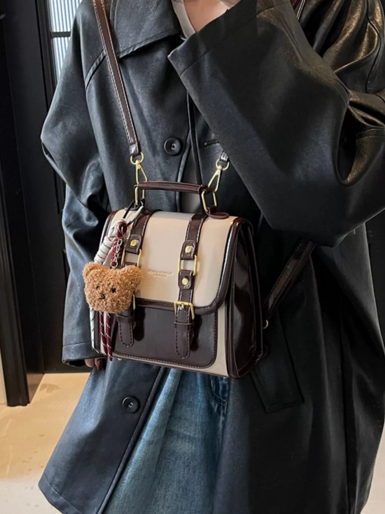 Two-Tone Brown and Beige Small Buckle Flap Backpack