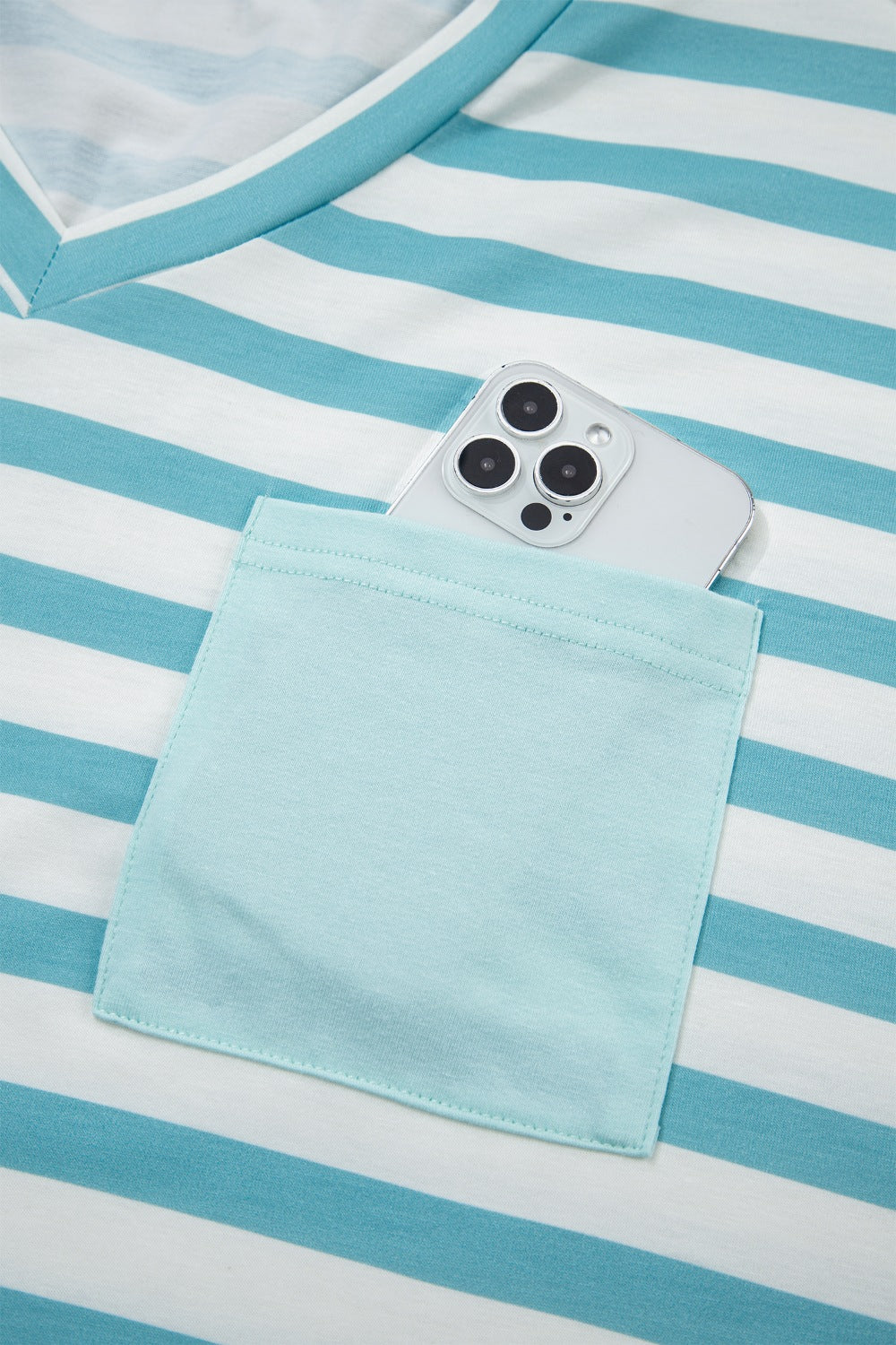Women Striped V Neck Short Sleeve Casual T Shirt with Pocket