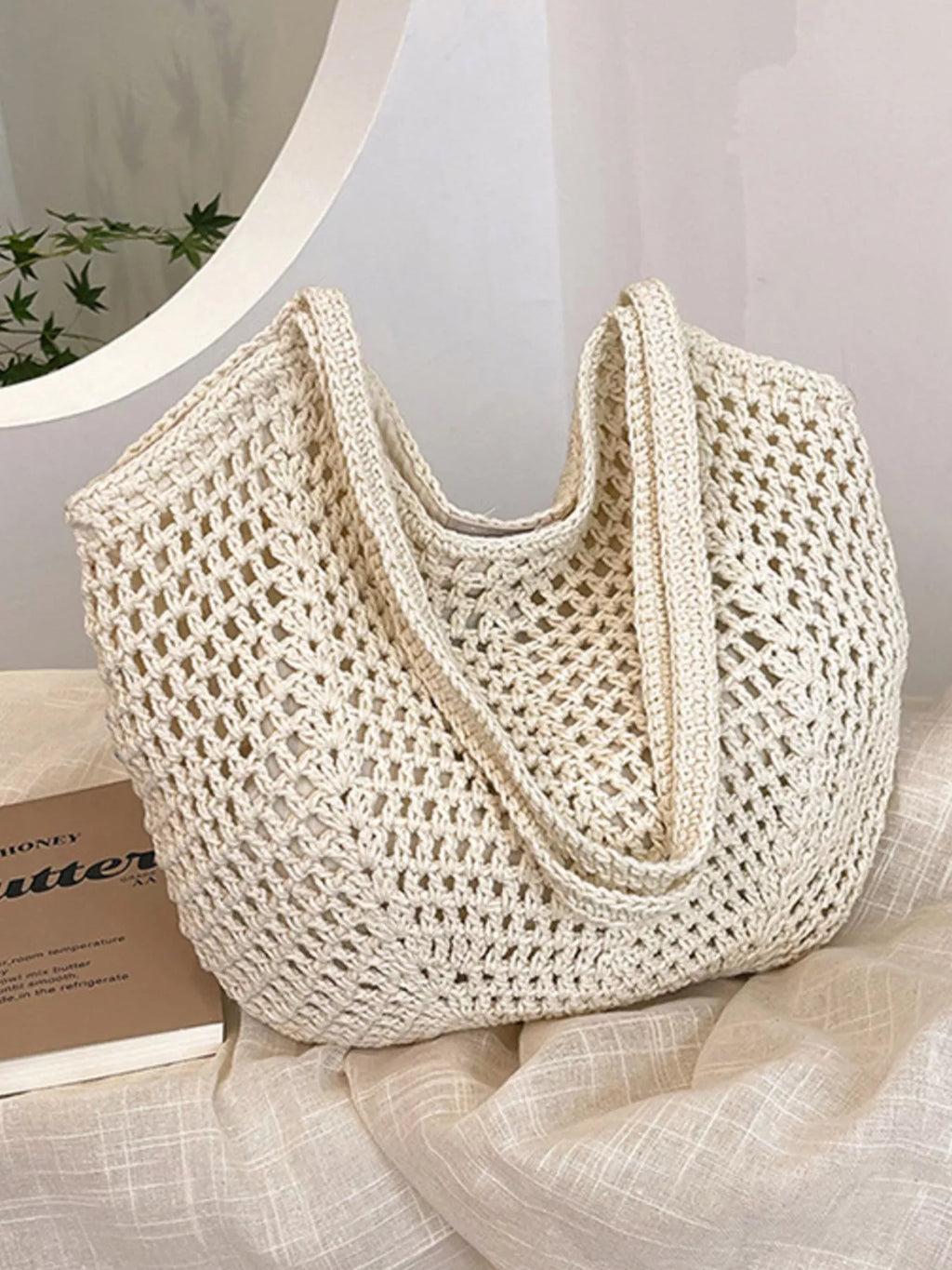 Large Woven Straw Shoulder Bag in Natural Beige