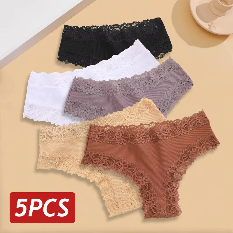 5Pcs/Set Women Lace Seamless Cotton Panties Sexy Brazilian Pants Ribbed Breathable Girls Underwear Soft plus Size Lingerie S-XL