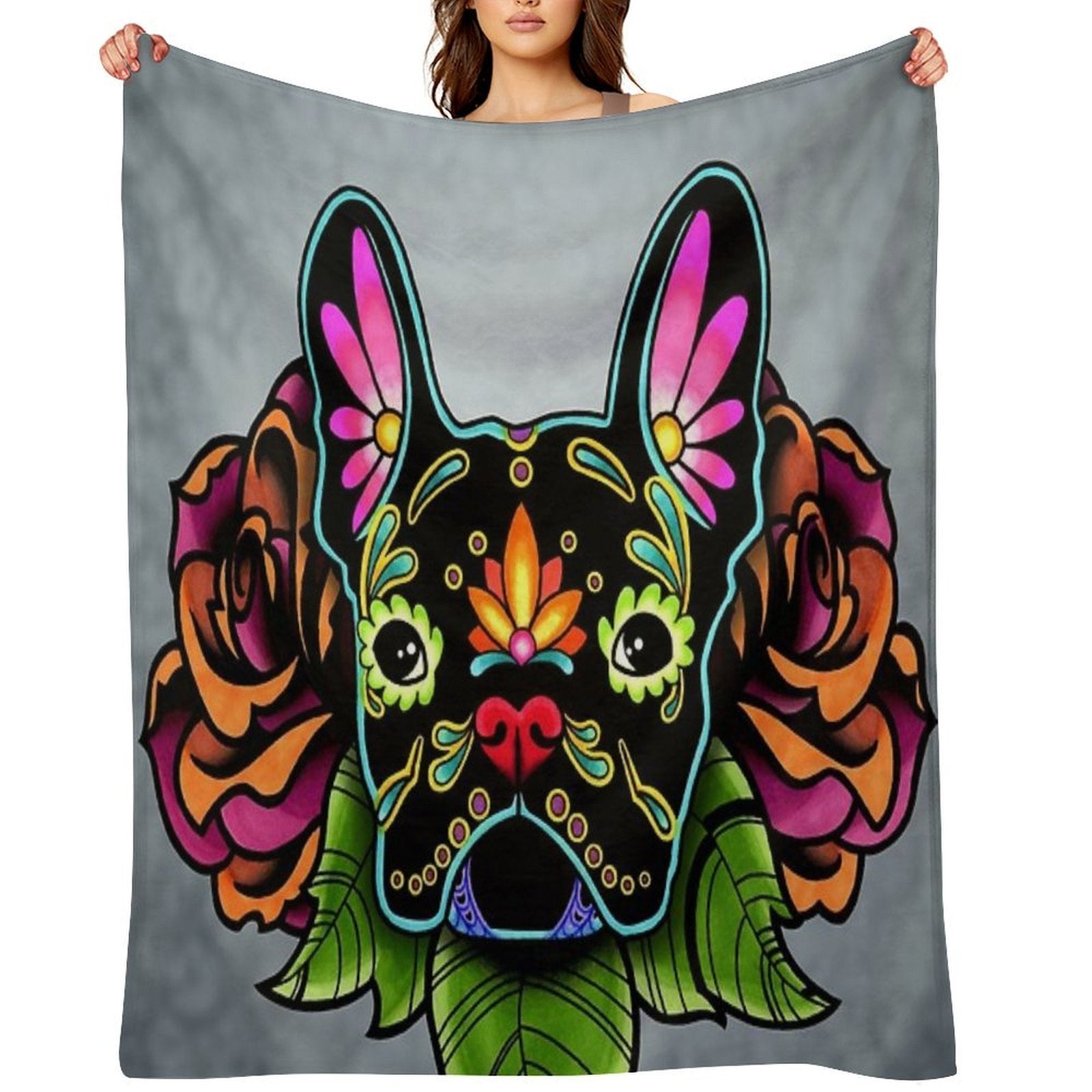 Day of The Dead French Bulldog in Black Sugar Skull Dog Throw Blanket