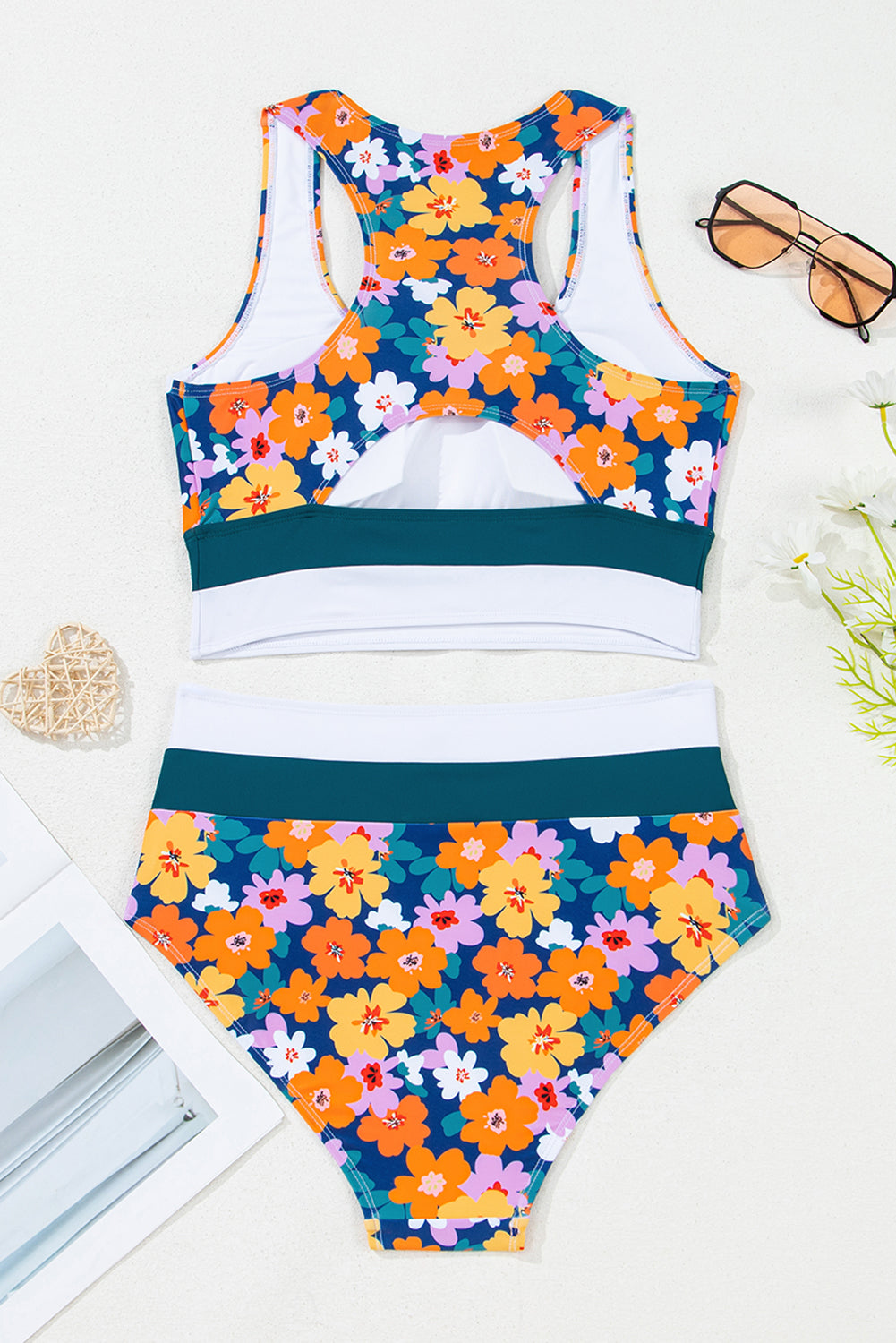 Green Floral Print Racerback High Waist Bikini Swimwear