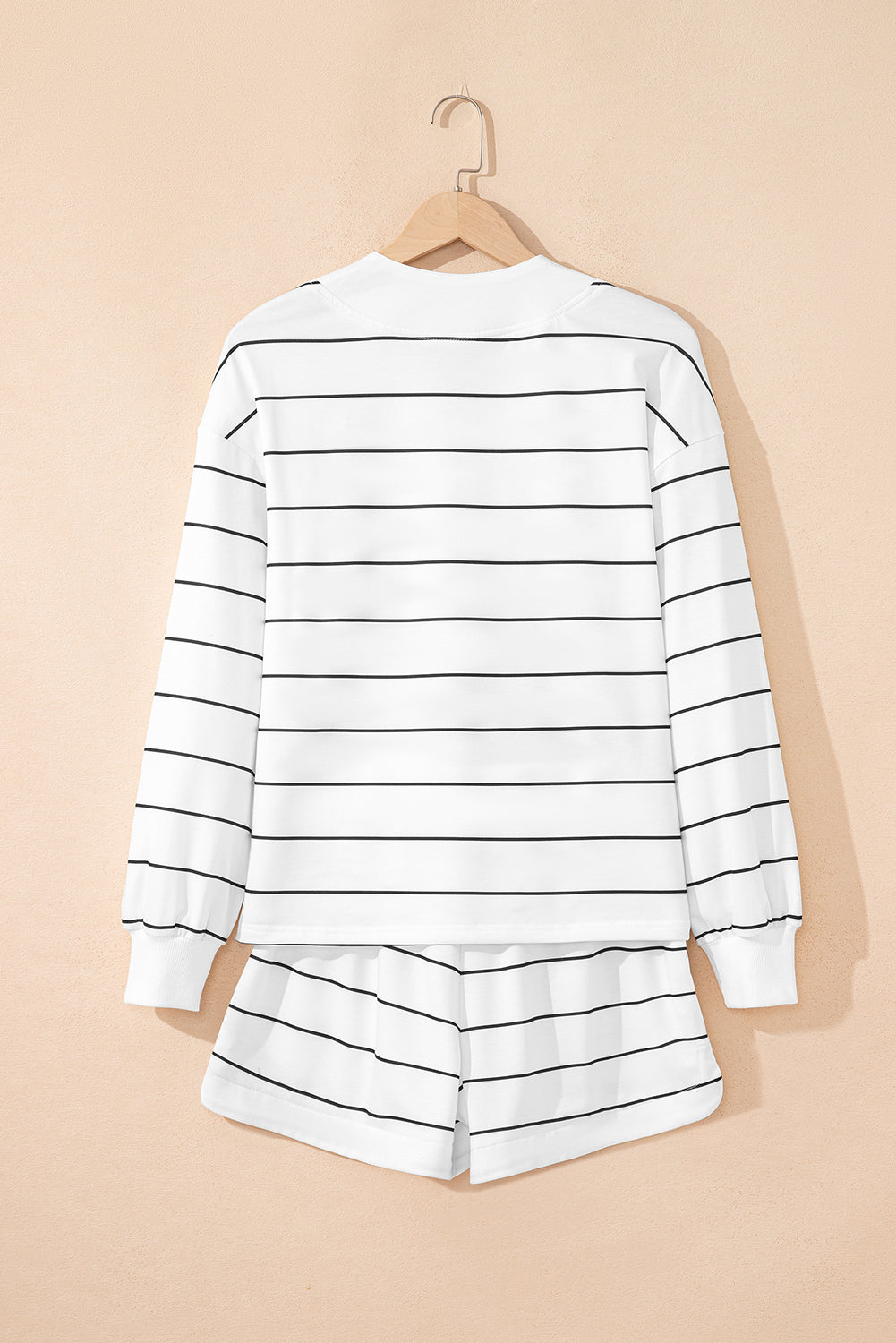 White Stripe Drop Shoulder Pullover & Shorts Two-Piece Set – Casual Lounge Outfit
