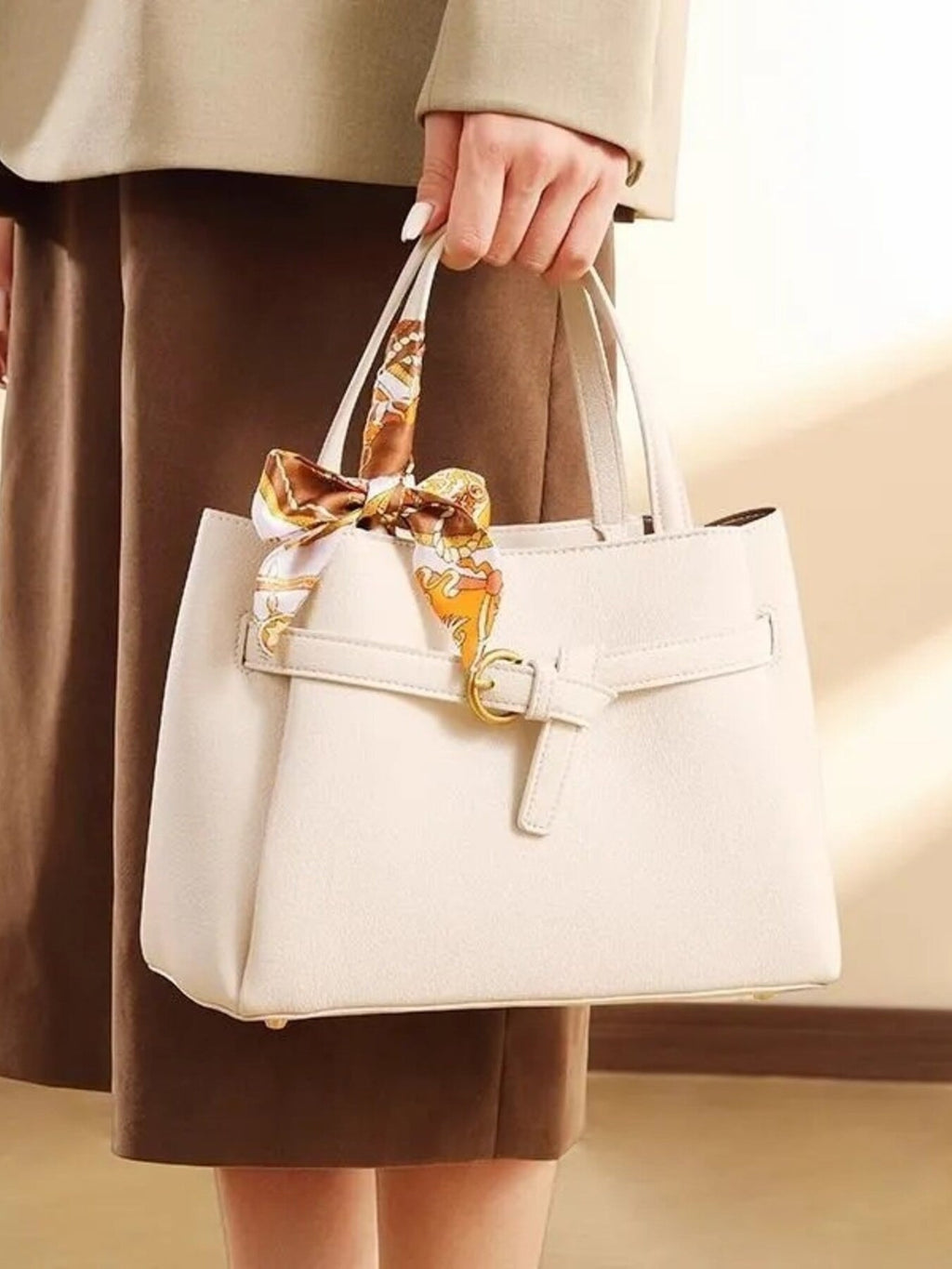 White PU Leather Top Handle Shoulder Bag with Scarf Accent