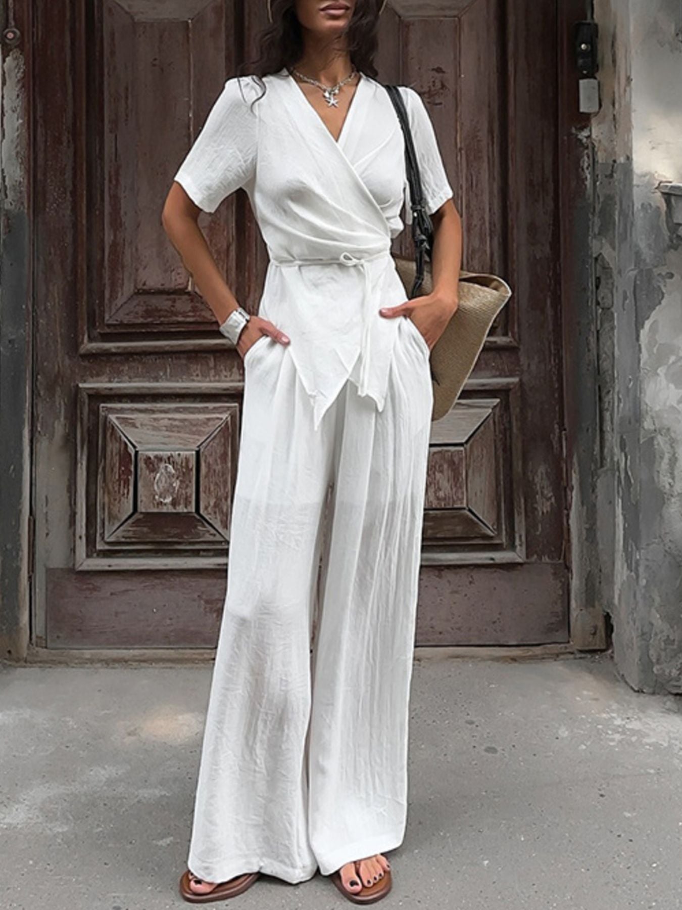 White Wrap Top & Wide Leg Pants Set | Bohemian Beach